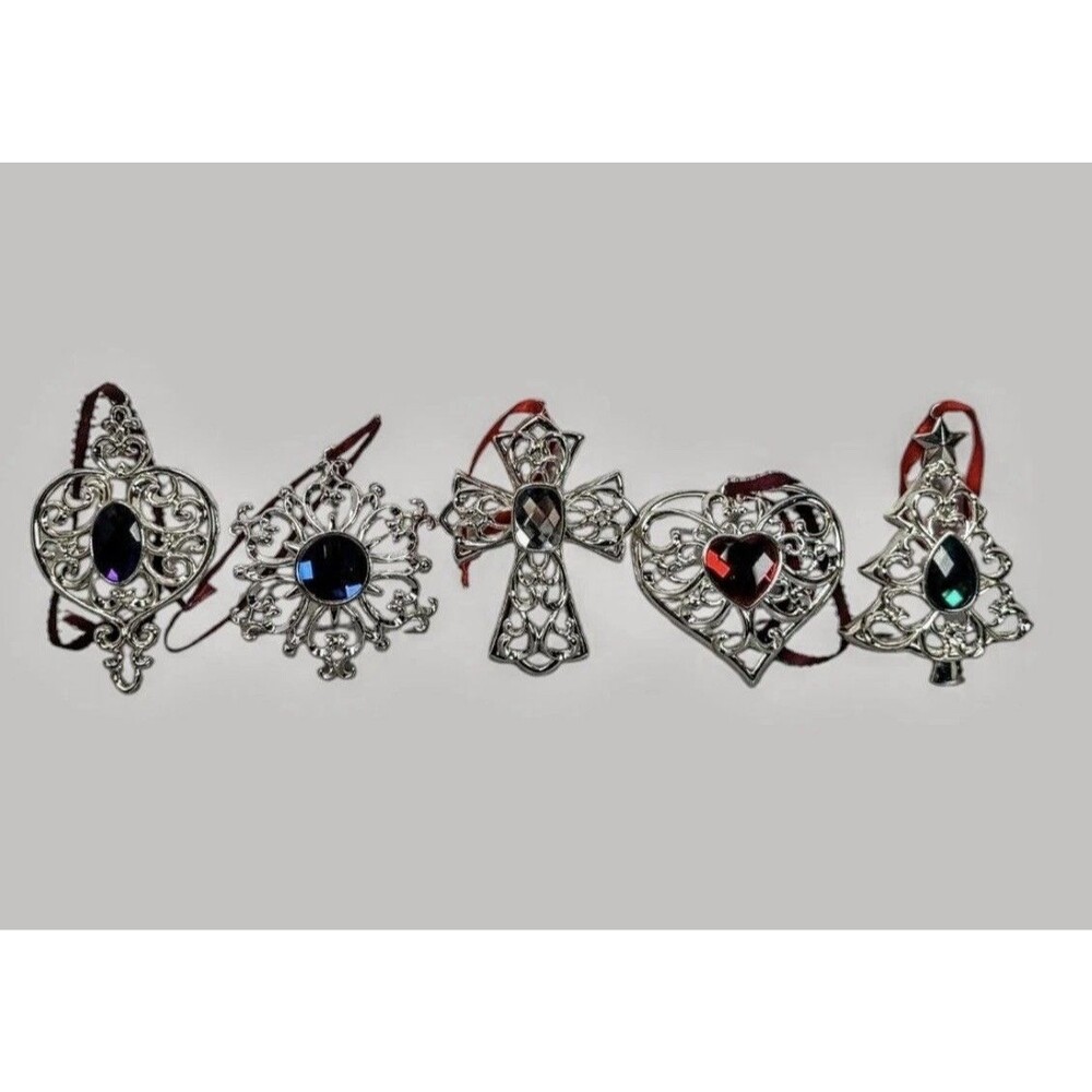 Lenox Ornament Lot Bejeweled Ornament Silverplate 856360 Spire Heart Tree Cross